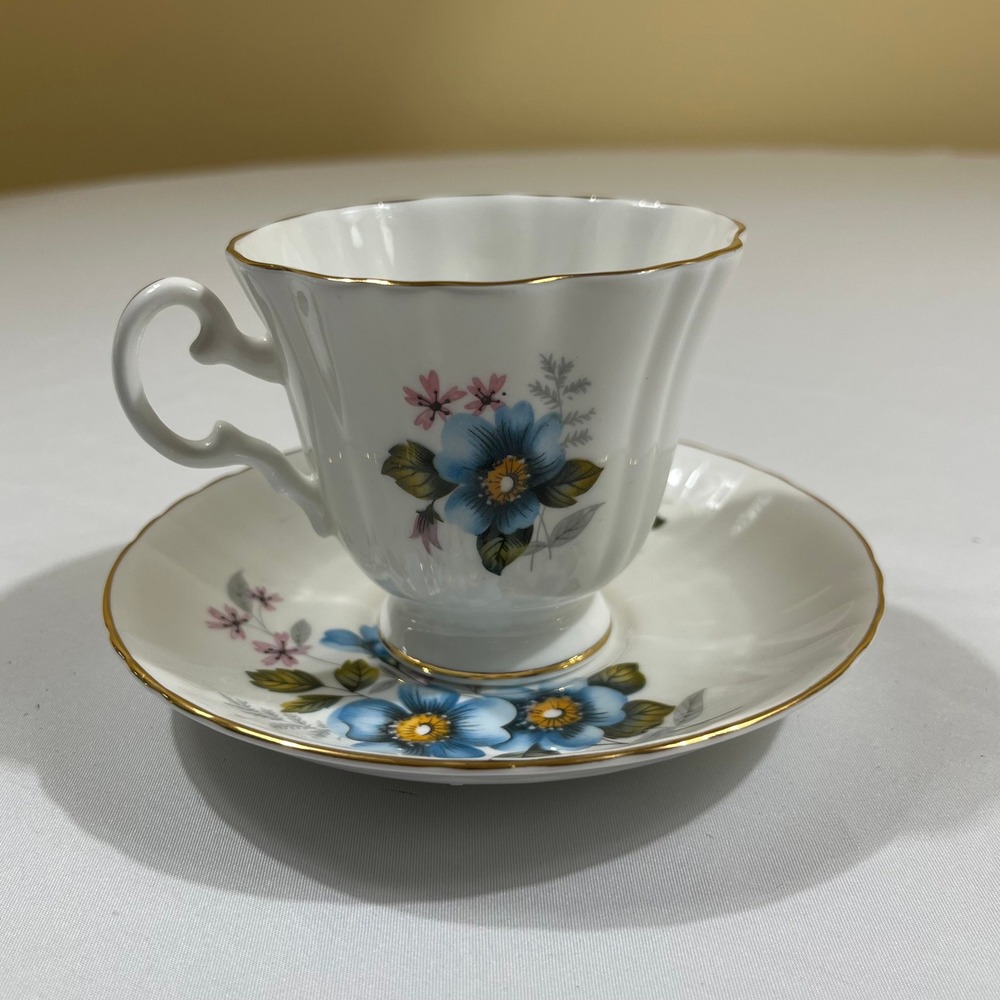 Royal Grafton Tea Cup Saucer Set White Blue Floral Gold Trim England